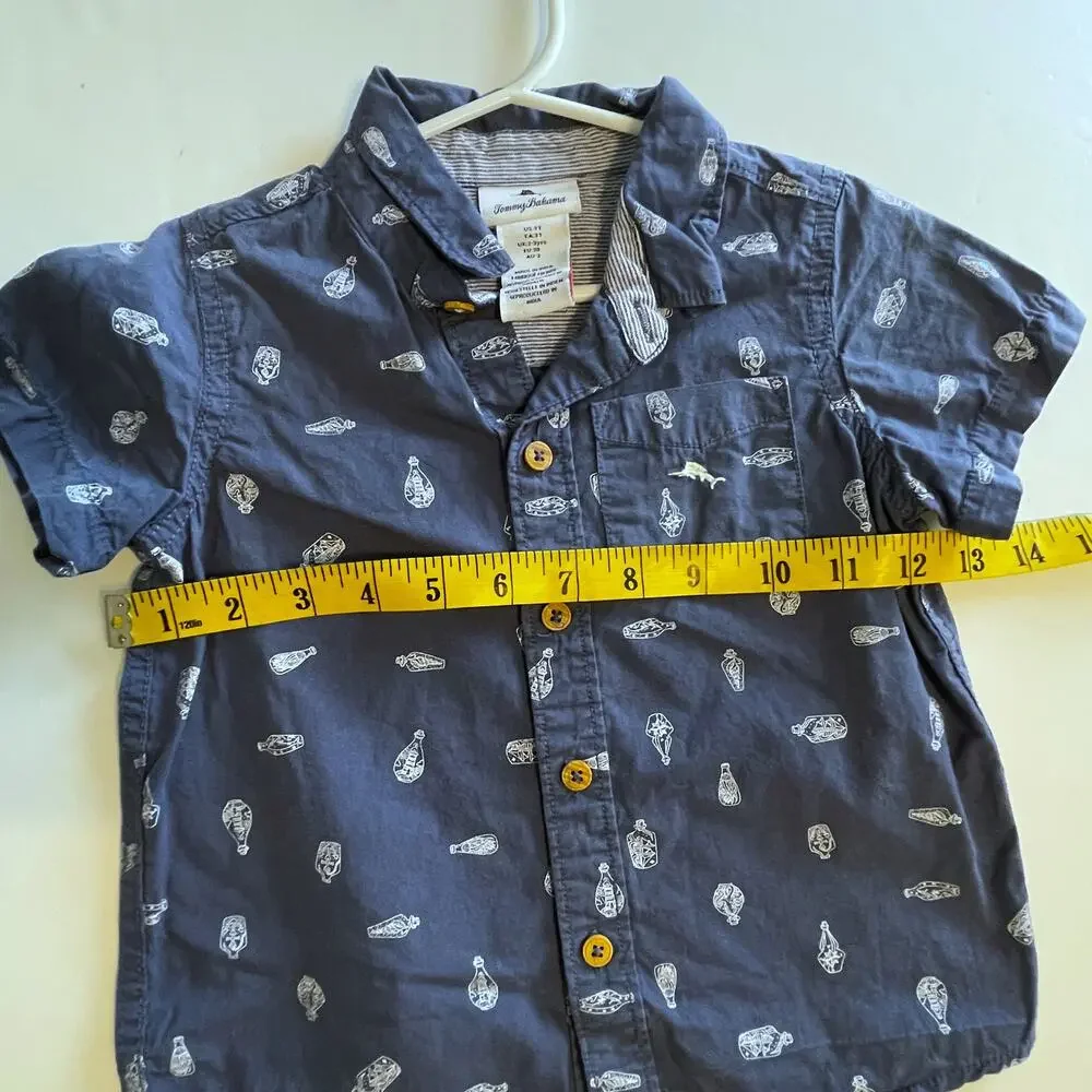 Tommy Bahama Nautical Button Shirt Boys Size 3T Blue Coastal Ship in Bottle
